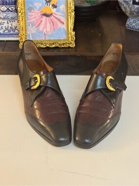 🤎🖤 VINTAGE WING TIP BROWN AND BLACK LEATHER MINK STRAP WING TIP SHOES! 🤎🖤